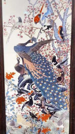 將圖片載入圖庫檢視器 Y1090003紅木雕花透雕老框鑲雙面瓷板畫屏風
