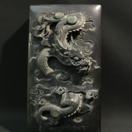 舊藏 帶蓋端硯「神龍戲珠」