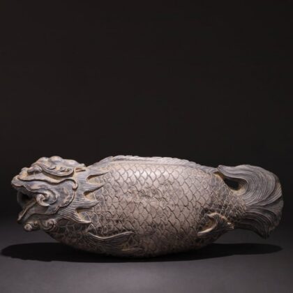 舊藏 端石文房筆架（鎮紙兩用）魚化龍